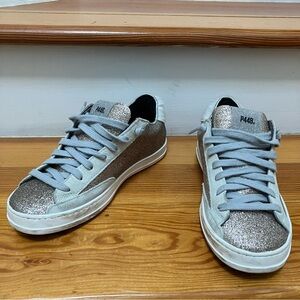 P448 John Rose Gold Silver Glitter Yeti Calf Hair Suede Sneakers size 36, 6, 6.5